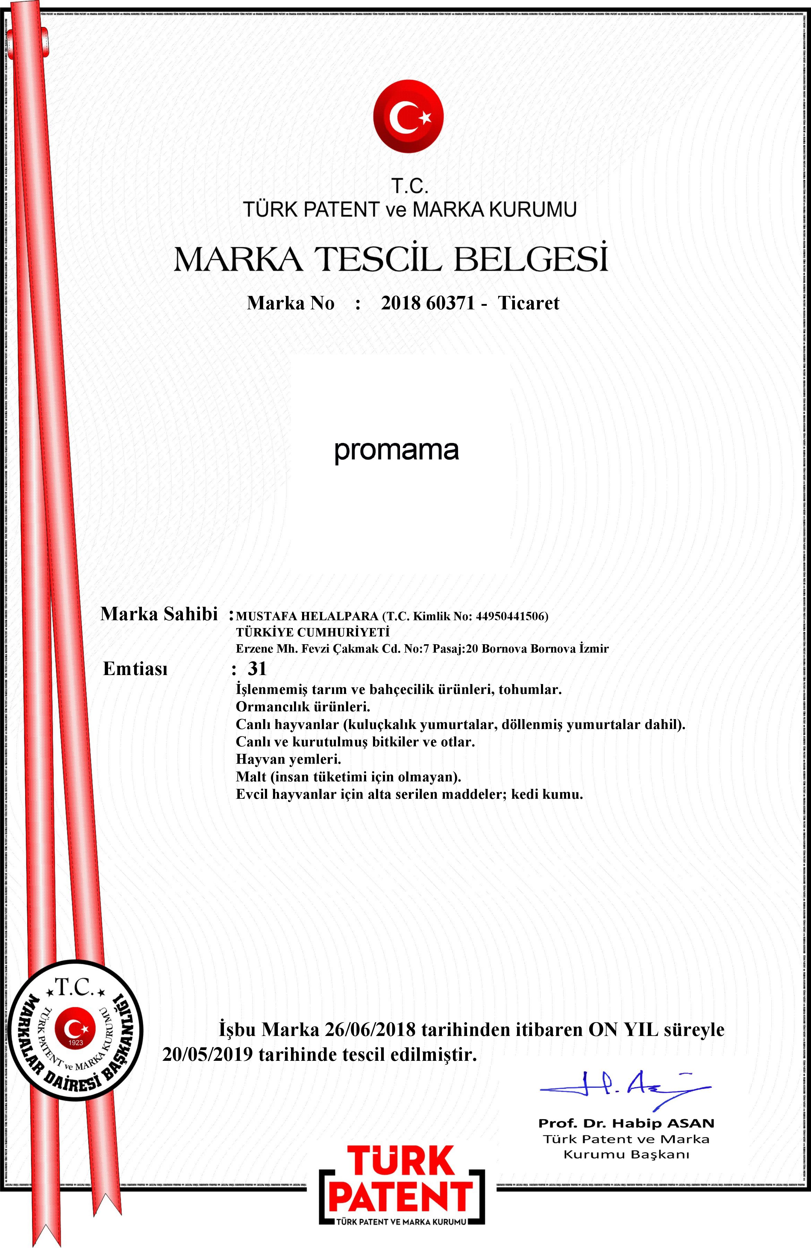 PROMAMA TESCİL BELGESİ